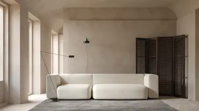 Minimalist Living Room with Beige Sofa and Wooden Screen 3d model