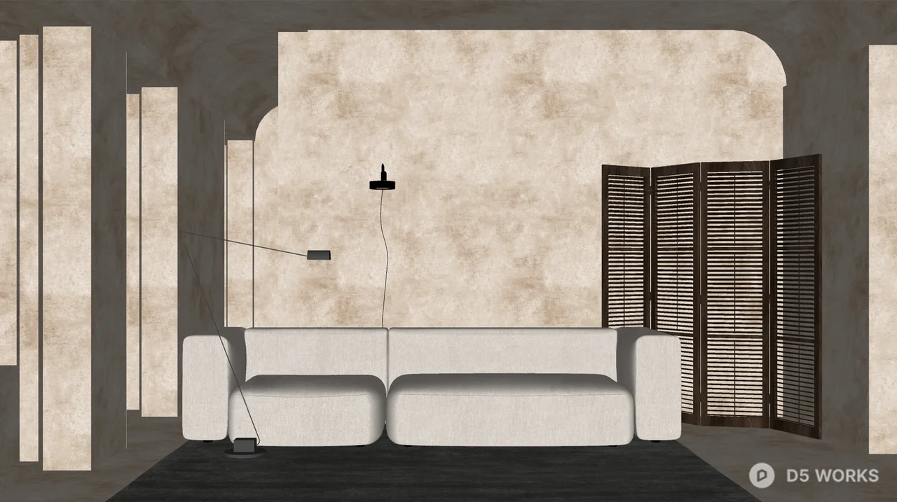 Minimalist Living Room with Beige Sofa and Wooden Screen 3d model thumbnail 2