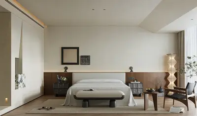 Minimalist Japanese Style Bedroom with Warm Wood Accent 3d model