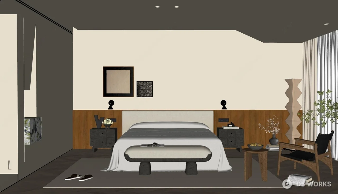 Minimalist Japanese Style Bedroom with Warm Wood Accent 3d model thumbnail 2