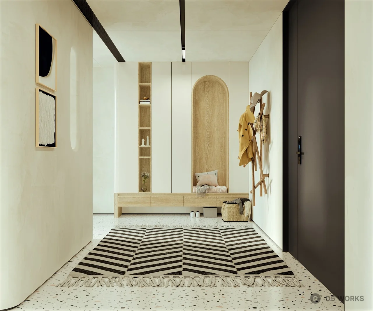 Minimalist Entryway With Wooden Bench And Striped Rug 3d model - Image 1