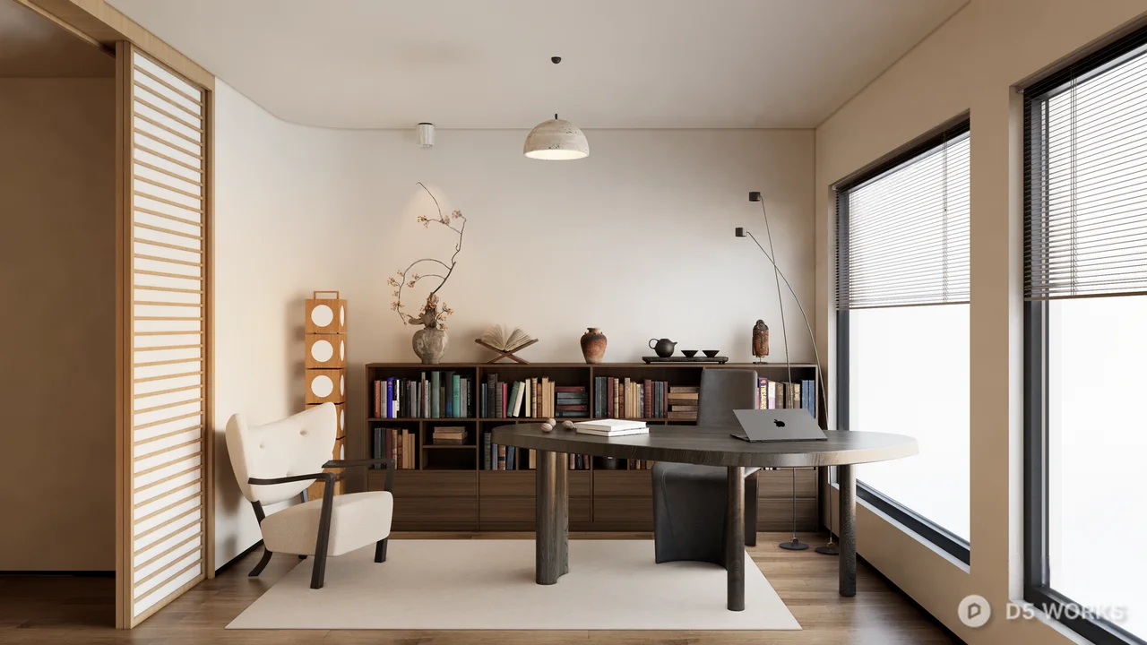 Minimalist Study Room With Bookshelf And Desk 3d model - Image 1