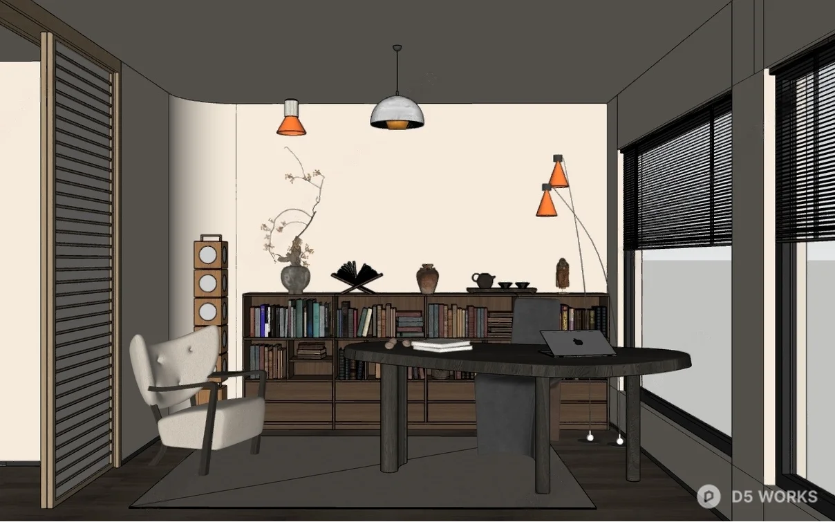 Minimalist Study Room With Bookshelf And Desk 3d model thumbnail 2