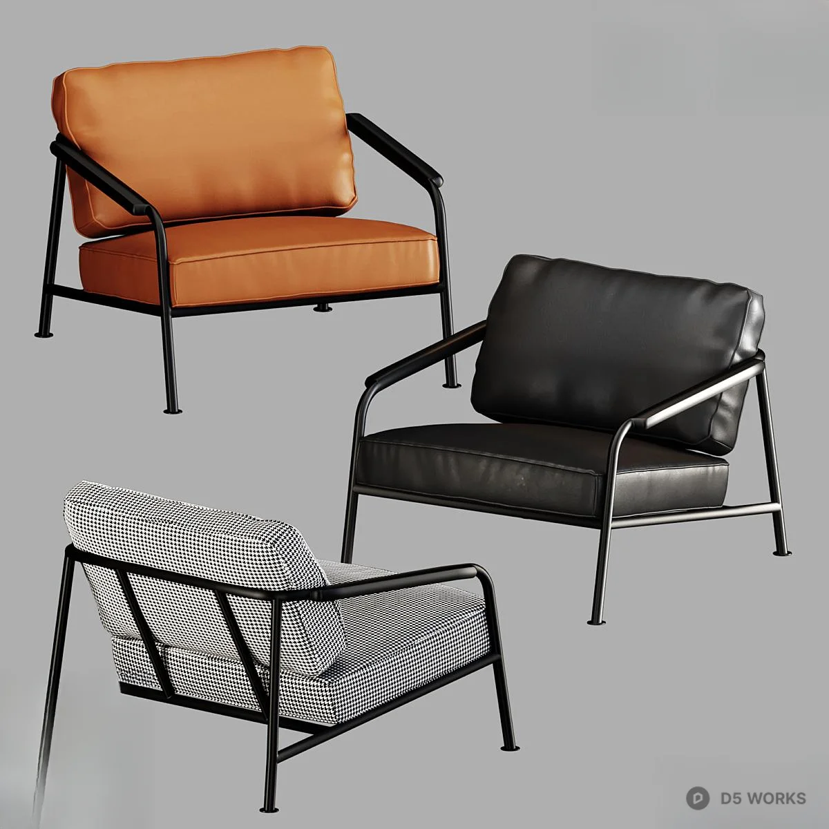 Black Leather Armchair With Metal Frame 3d model thumbnail 2
