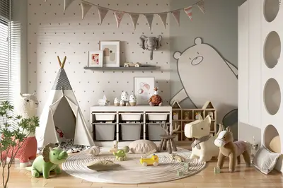 Scandinavian Style Playful Children's Room With Teepee And Animal Motifs 3d model