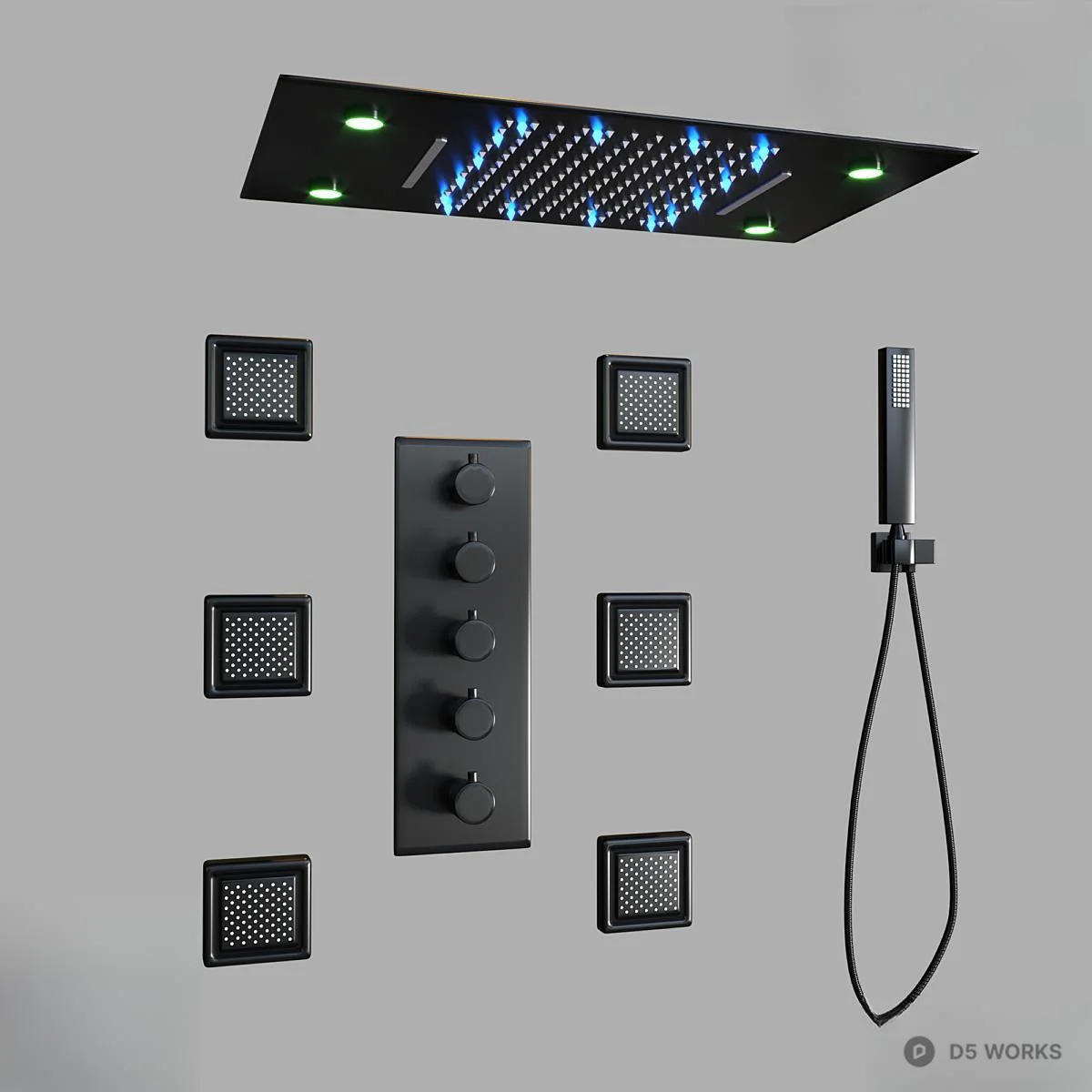 Black Matte Rain Shower System 3d model - Image 1