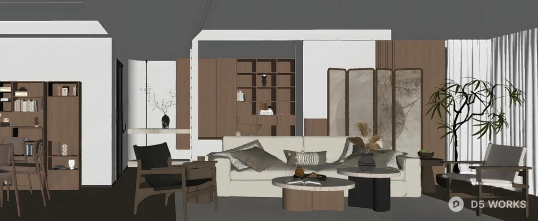 Mid Century Modern Living Dining Space 3d model thumbnail 3