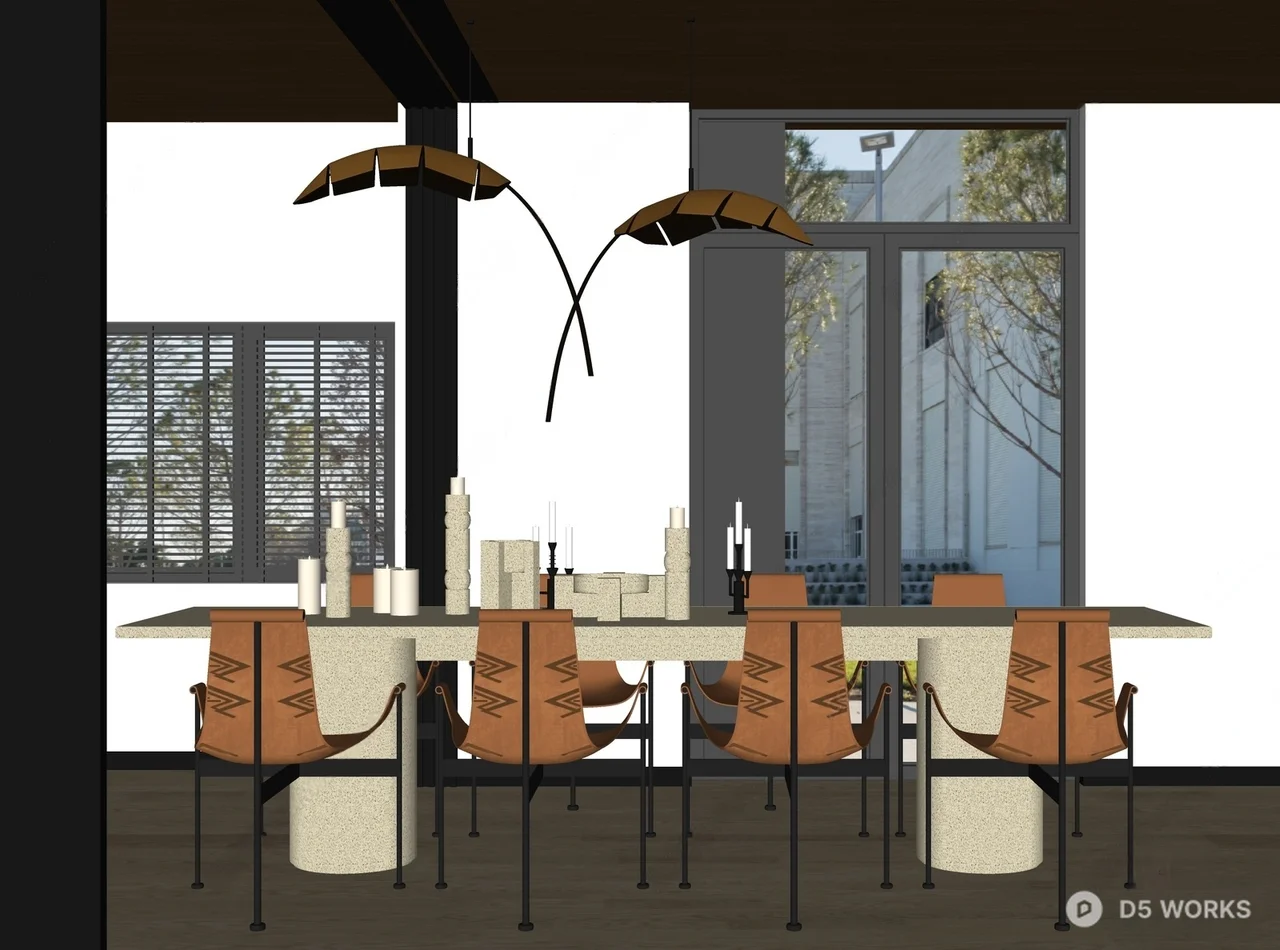 Modern Minimalist Dining Room with Sculptural Pendant Lights 3d model thumbnail 2
