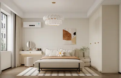 Minimalist Bedroom with Geometric Rug and Cloud Chandelier 3d model