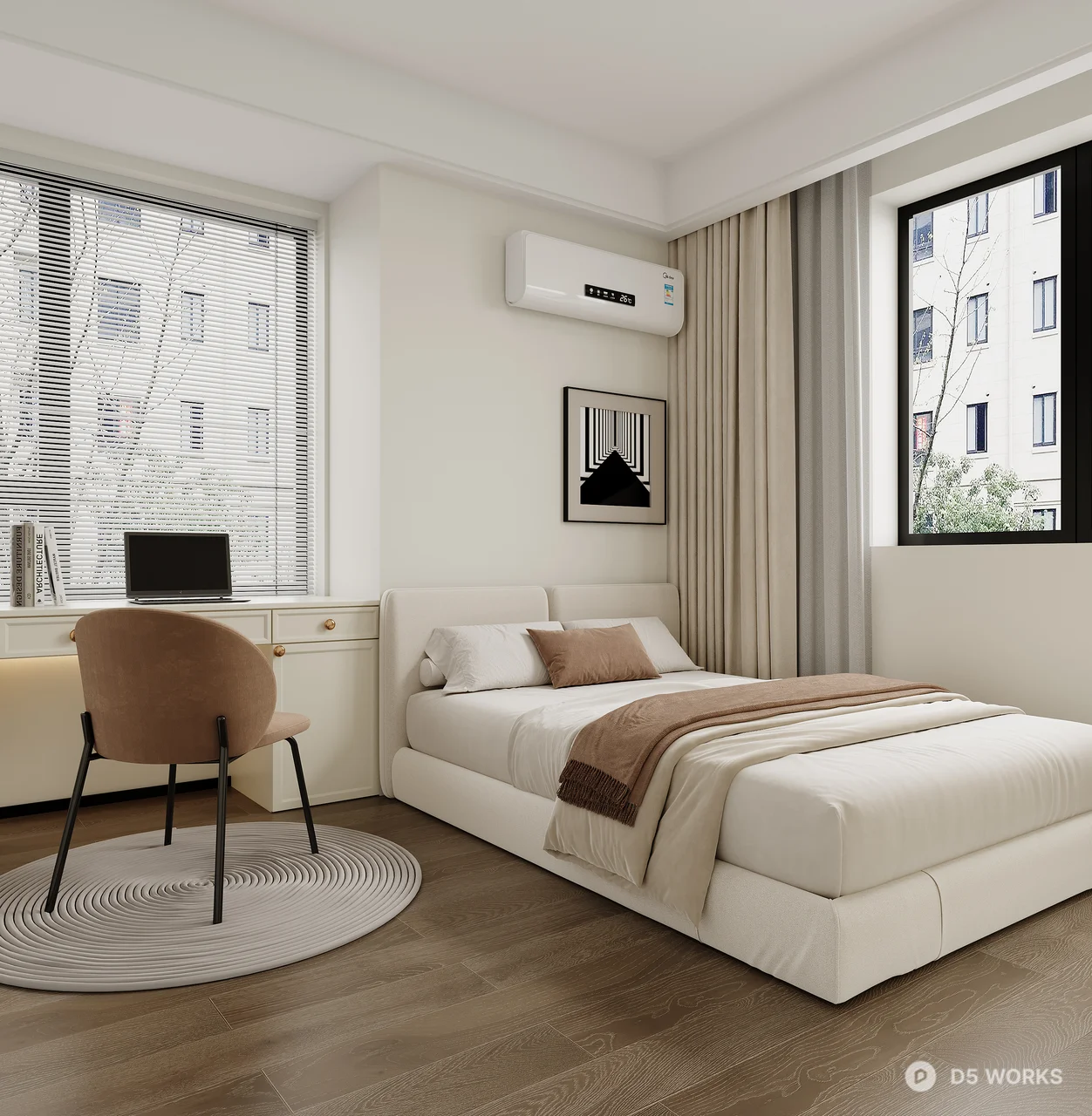 Minimalist Bedroom with Geometric Rug and Cloud Chandelier 3d model thumbnail 2