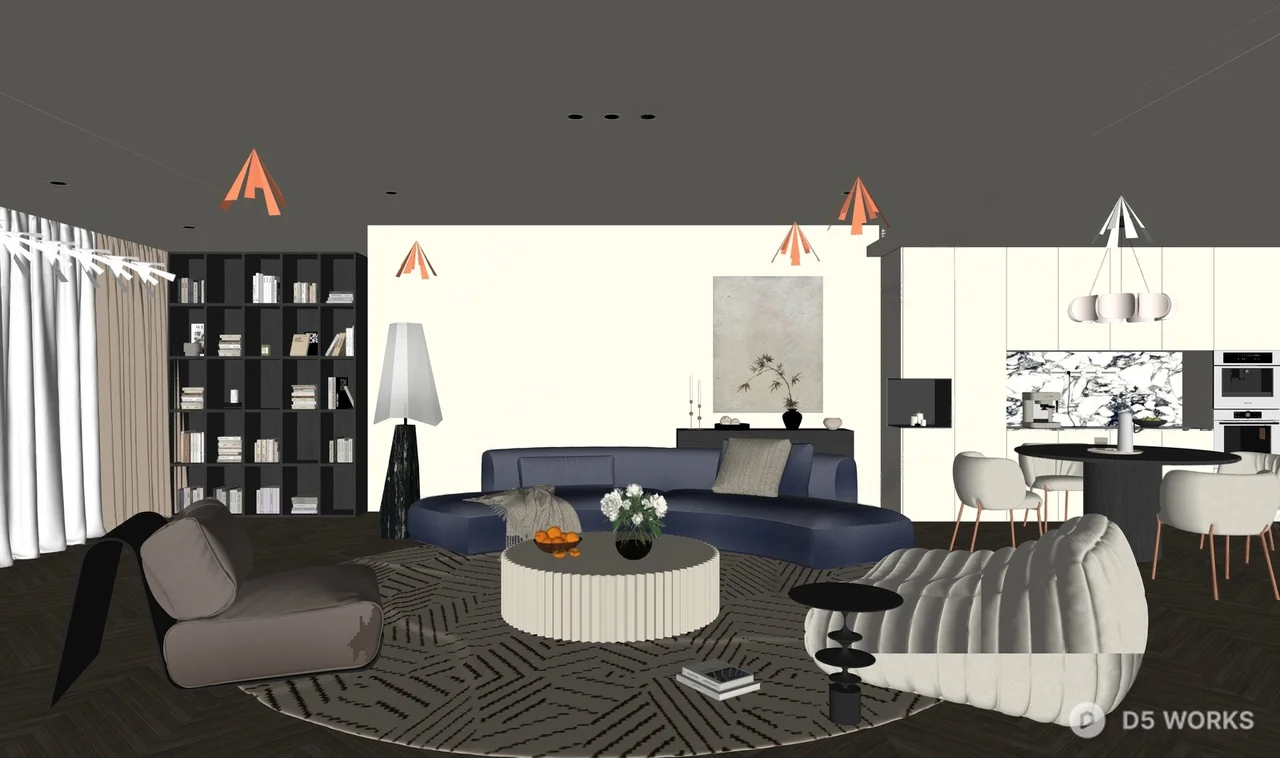 Modern Minimalist Living Dining Space With Curved Sofa And Textured Rug 3d model thumbnail 2