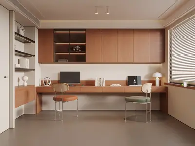 Minimalist Wooden Study Room With Built In Cabinets 3d model