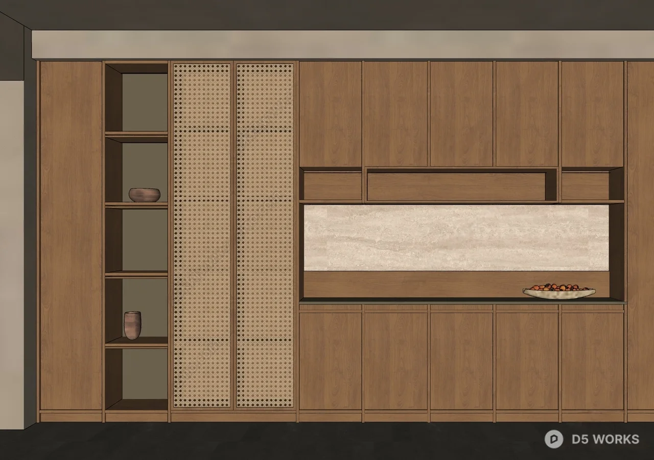 Minimalist Wooden Living Room Storage Wall 3d model thumbnail 2