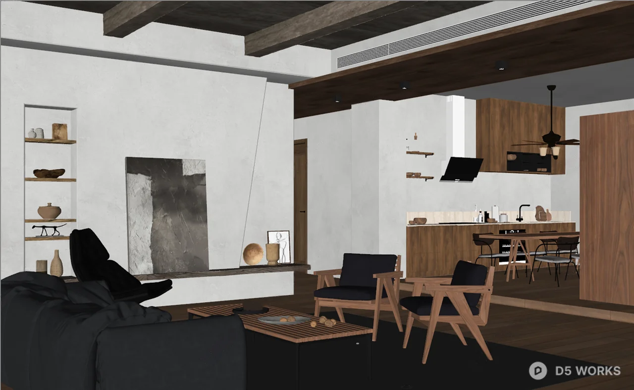 Modern Industrial Living Dining Space 3d model thumbnail 2