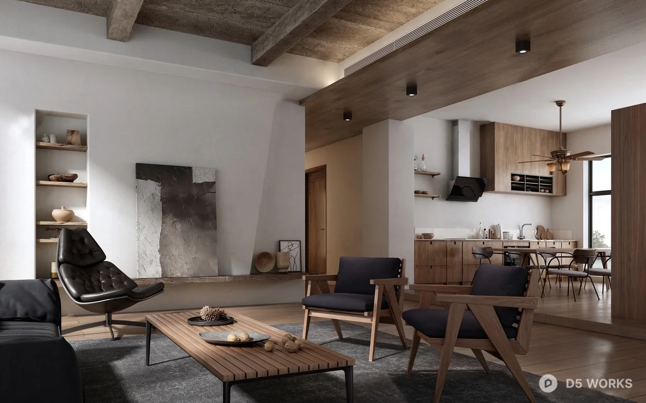 Modern Industrial Living Dining Space 3d model - Image 1