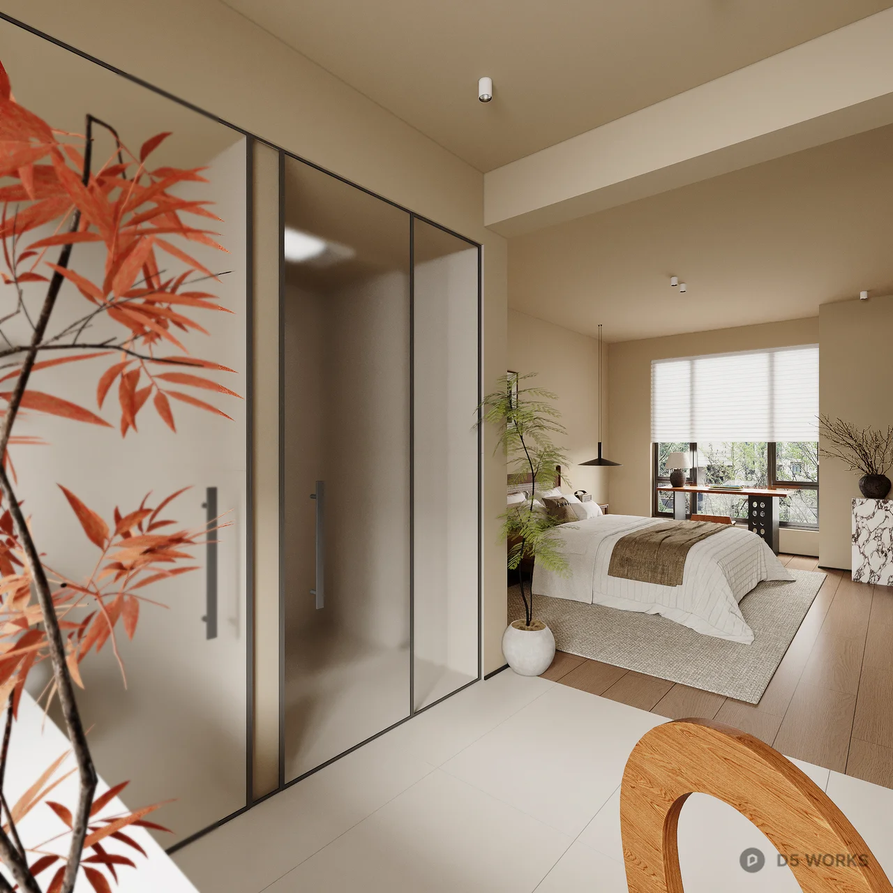Mid Century Modern Bedroom with Warm Lighting 3d model thumbnail 2