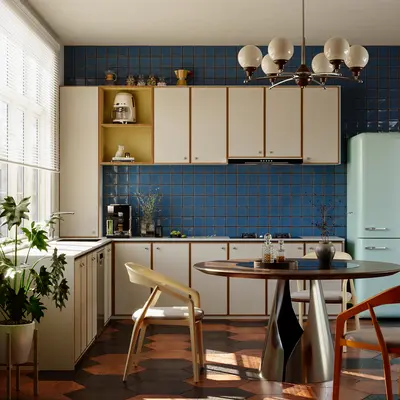 Modern Open Kitchen With Blue Tile Backsplash And Wooden Cabinetry 3d model
