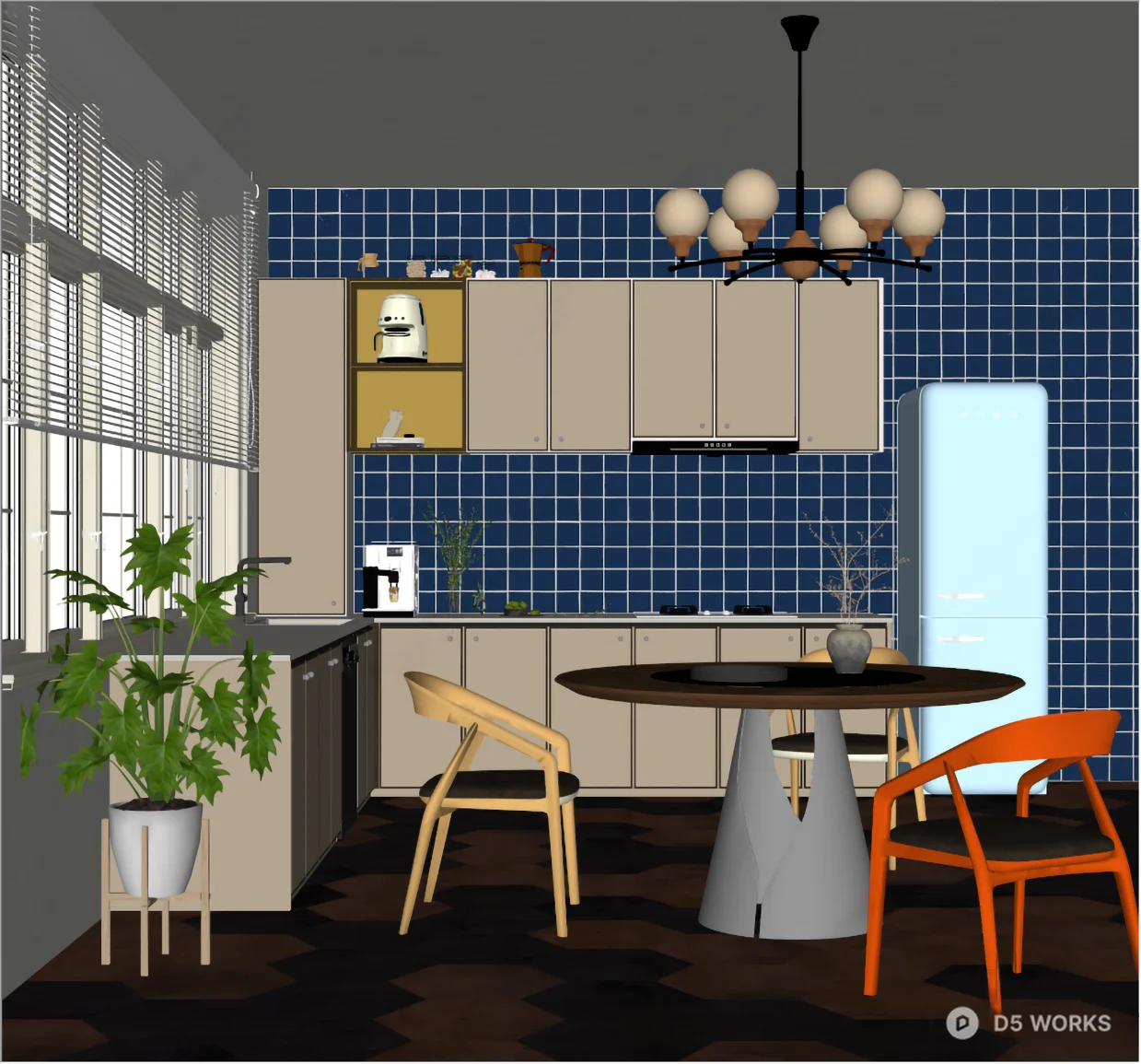 Modern Open Kitchen With Blue Tile Backsplash And Wooden Cabinetry 3d model thumbnail 2