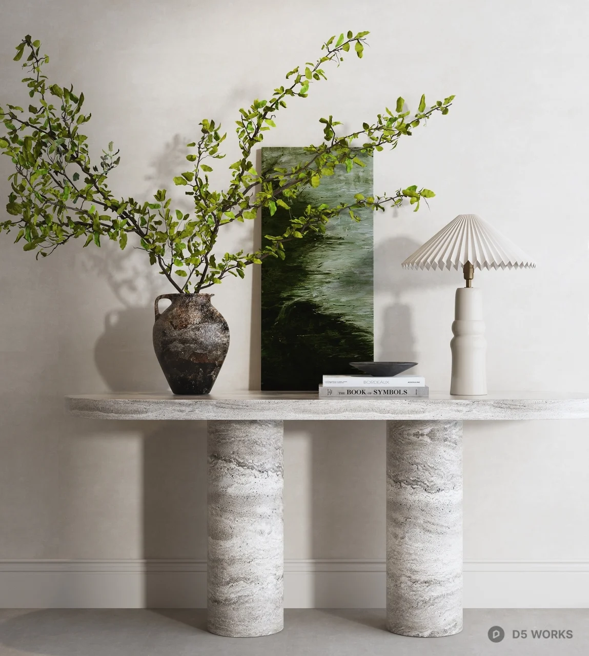 Marble Pedestal Console Table With Decorative Vase And Lamp 3d model - Image 1
