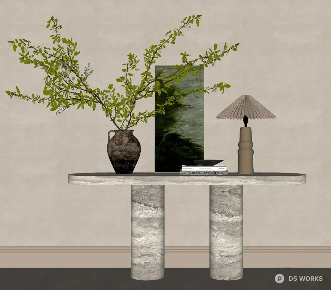 Marble Pedestal Console Table With Decorative Vase And Lamp 3d model thumbnail 2