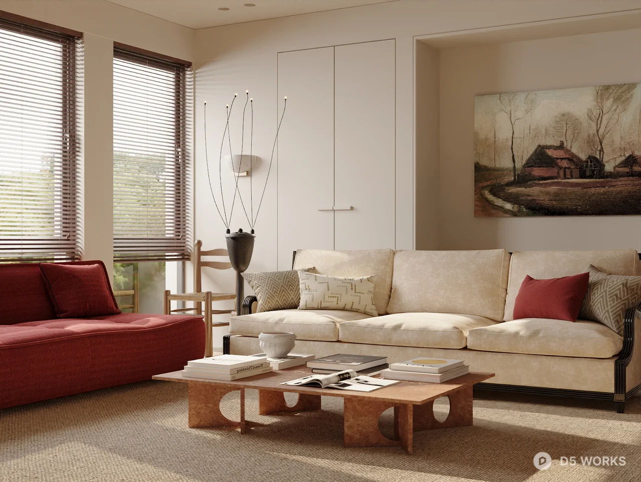 Minimalist Living Room With Beige Sofa And Red Accent 3d model thumbnail 2