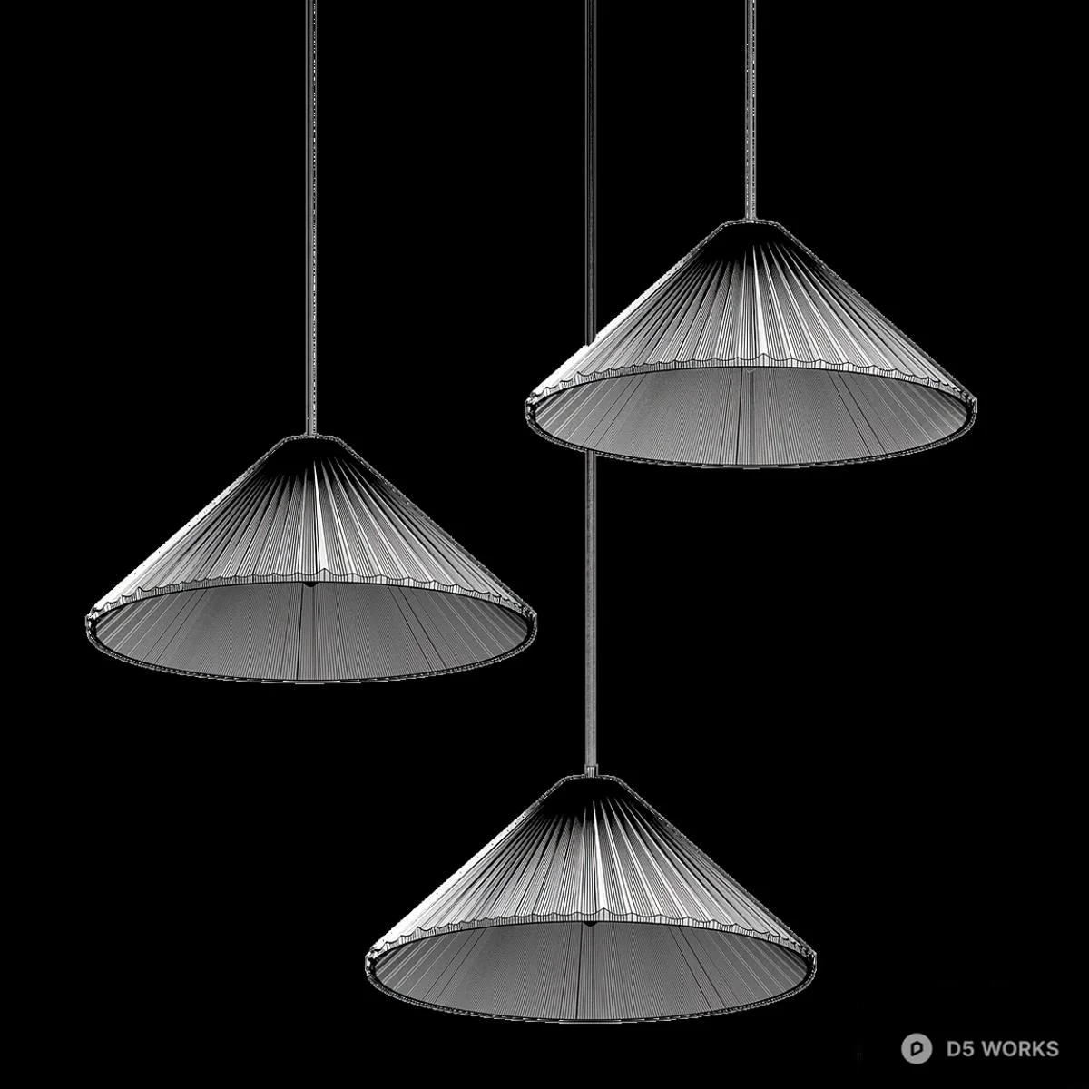 Pleated Fabric Pendant Lights Trio 3d model thumbnail 2