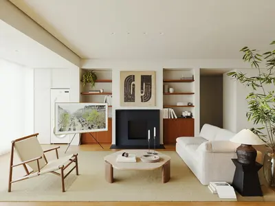 Minimalist Living Room with Fireplace and Bookshelves 3d model