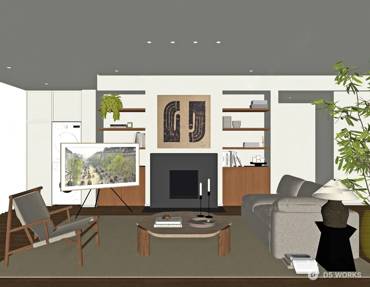 Minimalist Living Room with Fireplace and Bookshelves 3d model thumbnail 2