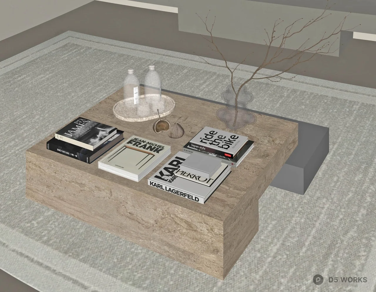 Stone Texture Coffee Table With Decorative Books And Vase 3d model thumbnail 2