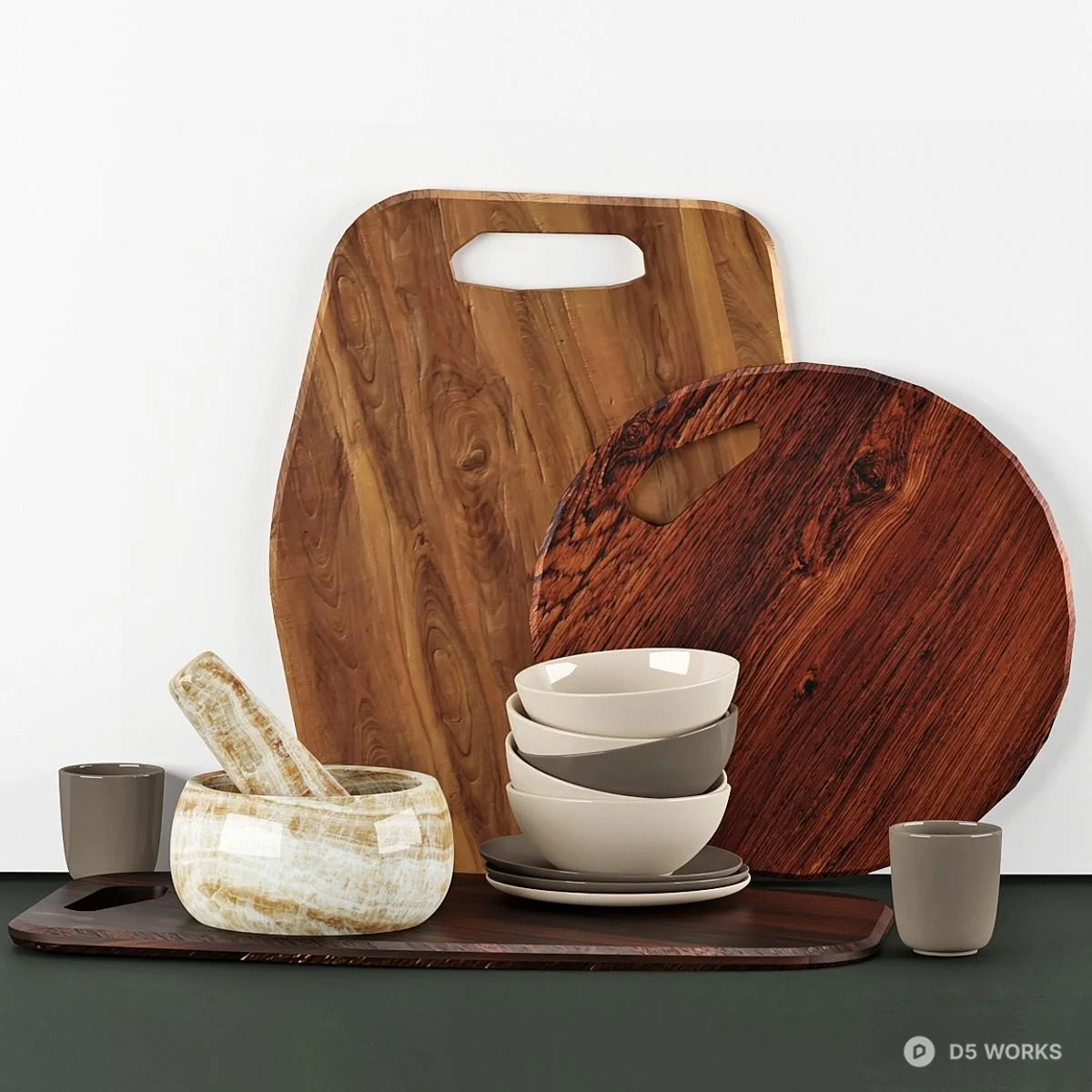 Wooden Cutting Boards And Ceramic Bowls Set 3d model - Image 1