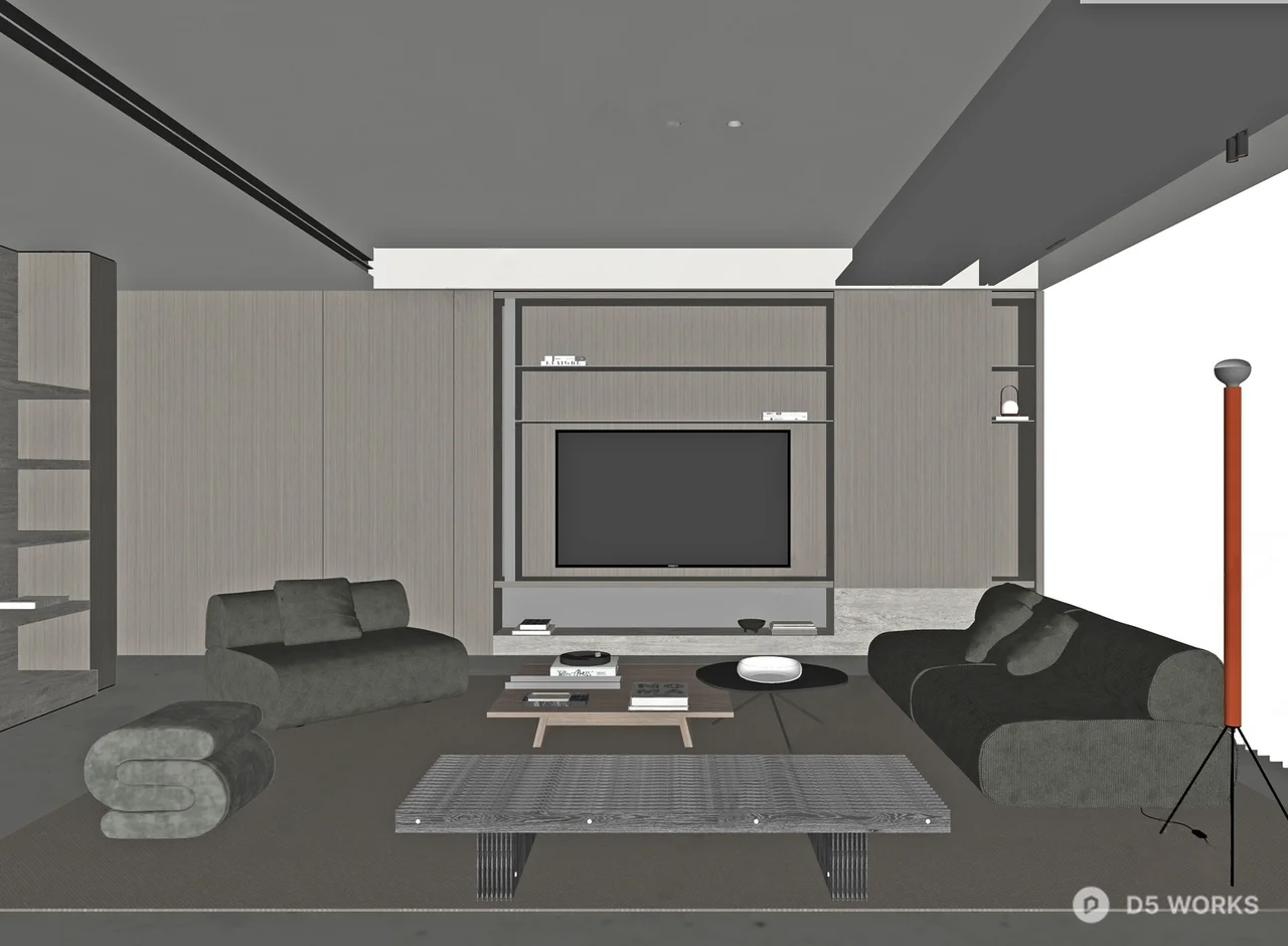 Minimalist Living Room with Dark Tones and Linear Lighting 3d model thumbnail 2