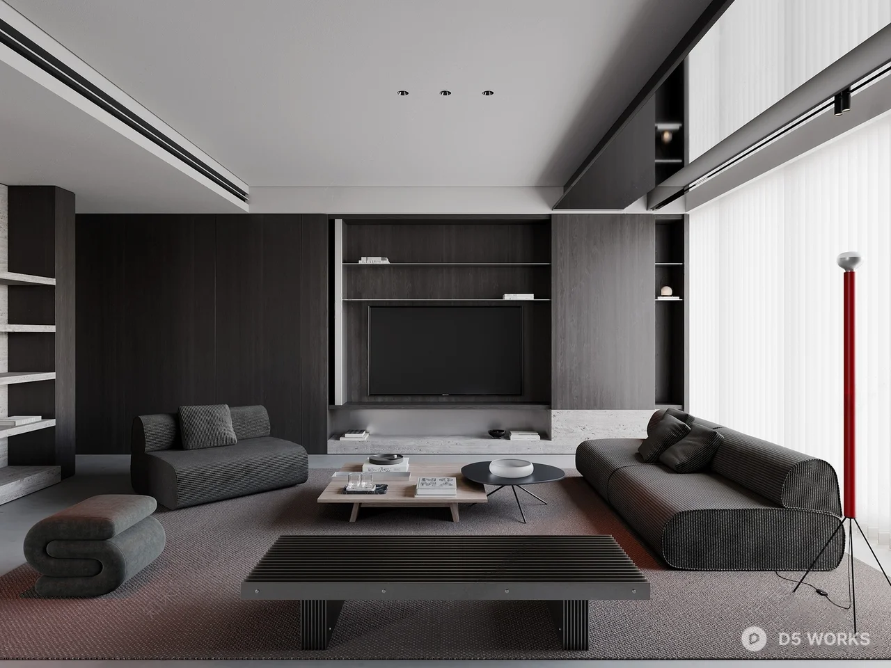Minimalist Living Room with Dark Tones and Linear Lighting 3d model - Image 1