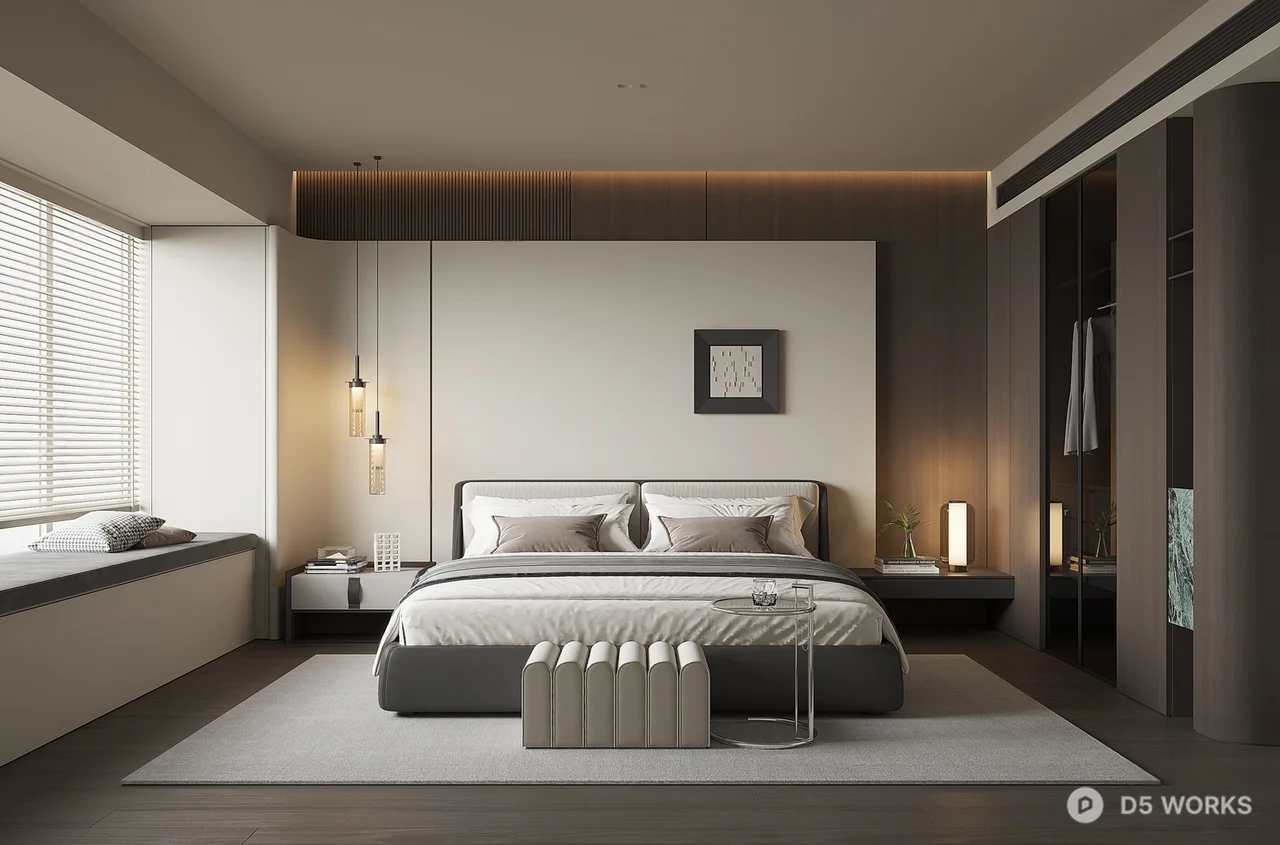 Modern Minimalist Master Bedroom With Warm Lighting 3d model - Image 1