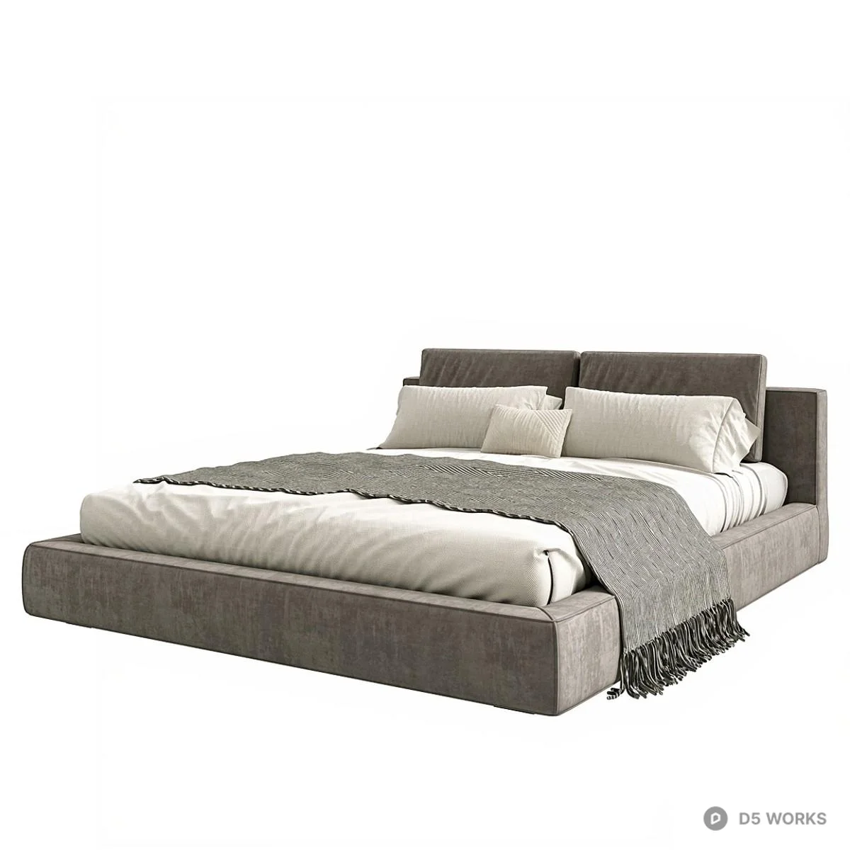 Upholstered Platform Bed With Headboard And Fringed Throw 3d model thumbnail 3