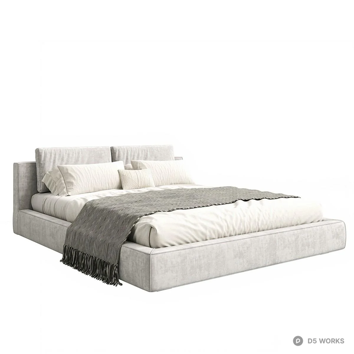 Upholstered Platform Bed With Headboard And Fringed Throw 3d model thumbnail 2