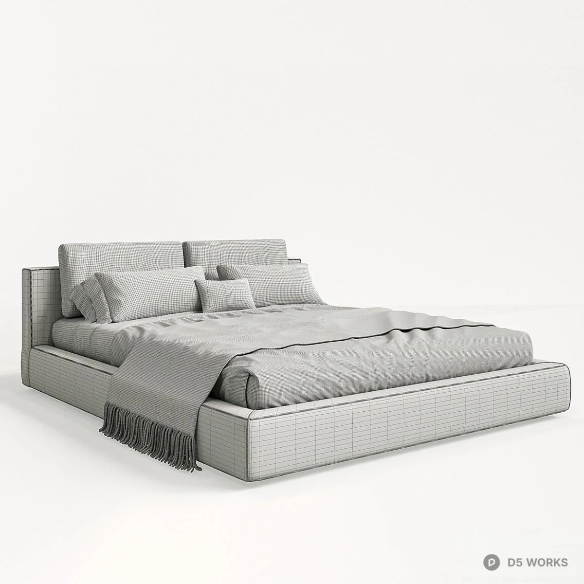 Upholstered Platform Bed With Headboard And Fringed Throw 3d model thumbnail 4