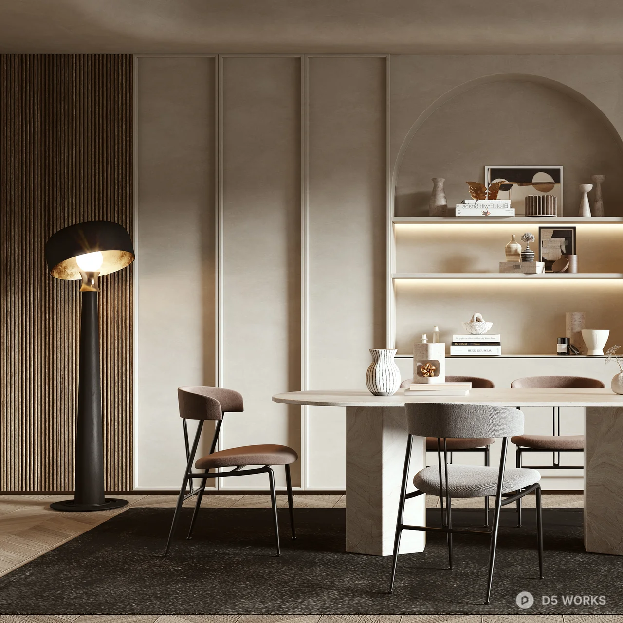 Minimalist Dining Room with Arch Shelving 3d model thumbnail 3