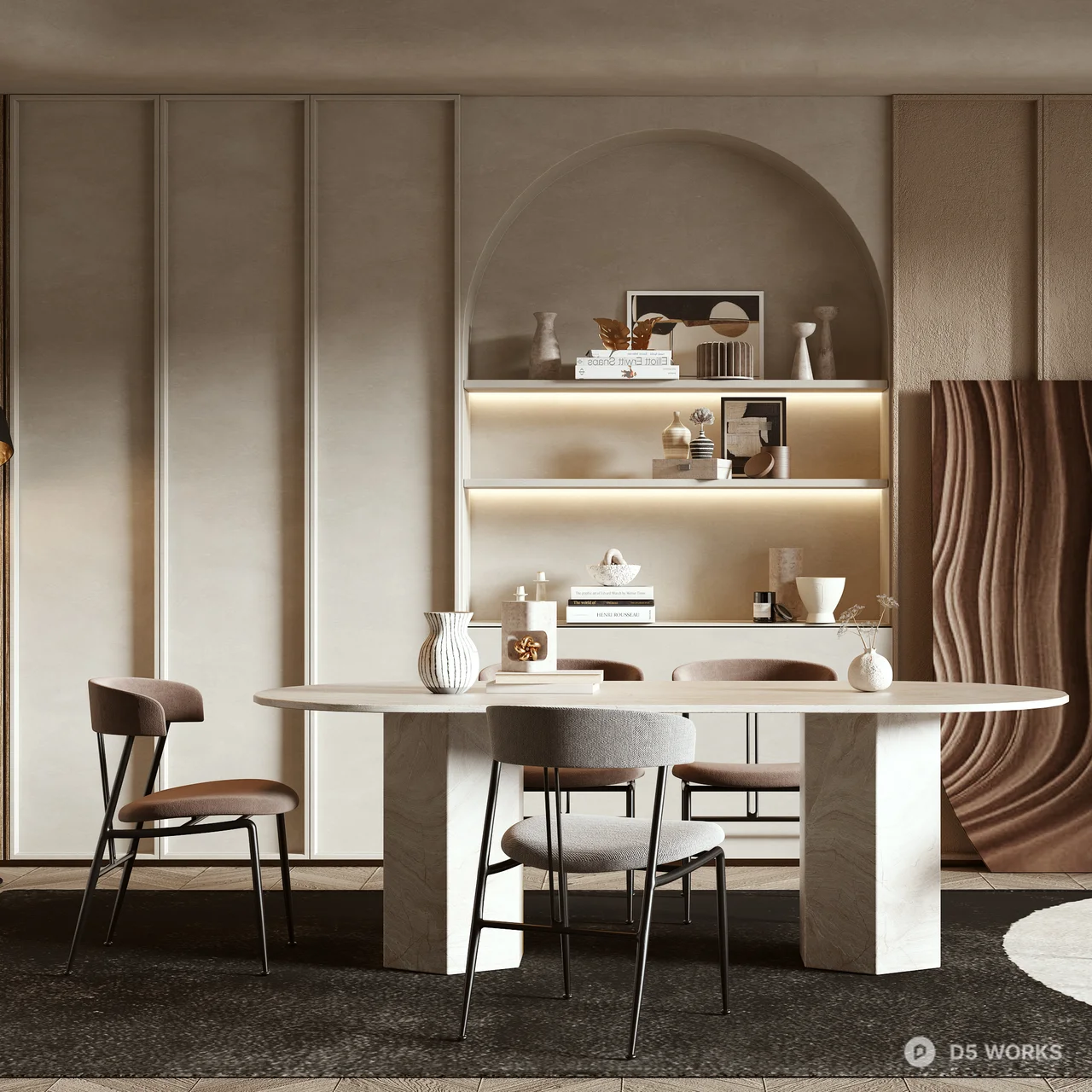 Minimalist Dining Room with Arch Shelving 3d model thumbnail 4