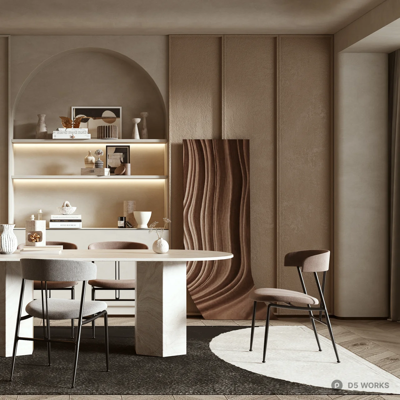Minimalist Dining Room with Arch Shelving 3d model thumbnail 2
