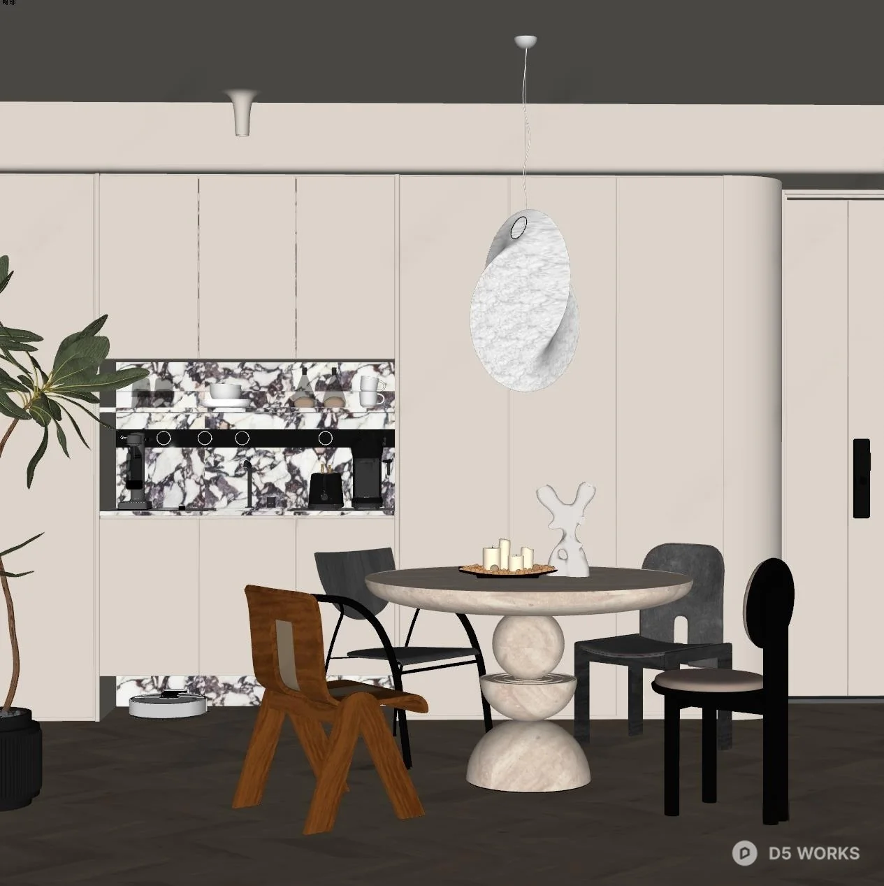 Minimalist Dining Room with Sculptural Table and Pendant Light 3d model thumbnail 2