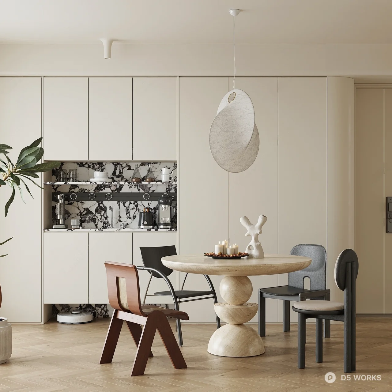 Minimalist Dining Room with Sculptural Table and Pendant Light 3d model - Image 1