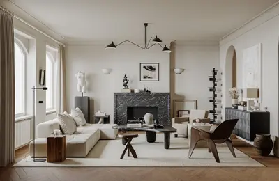 Mid Century Modern Living Room with Marble Fireplace 3d model