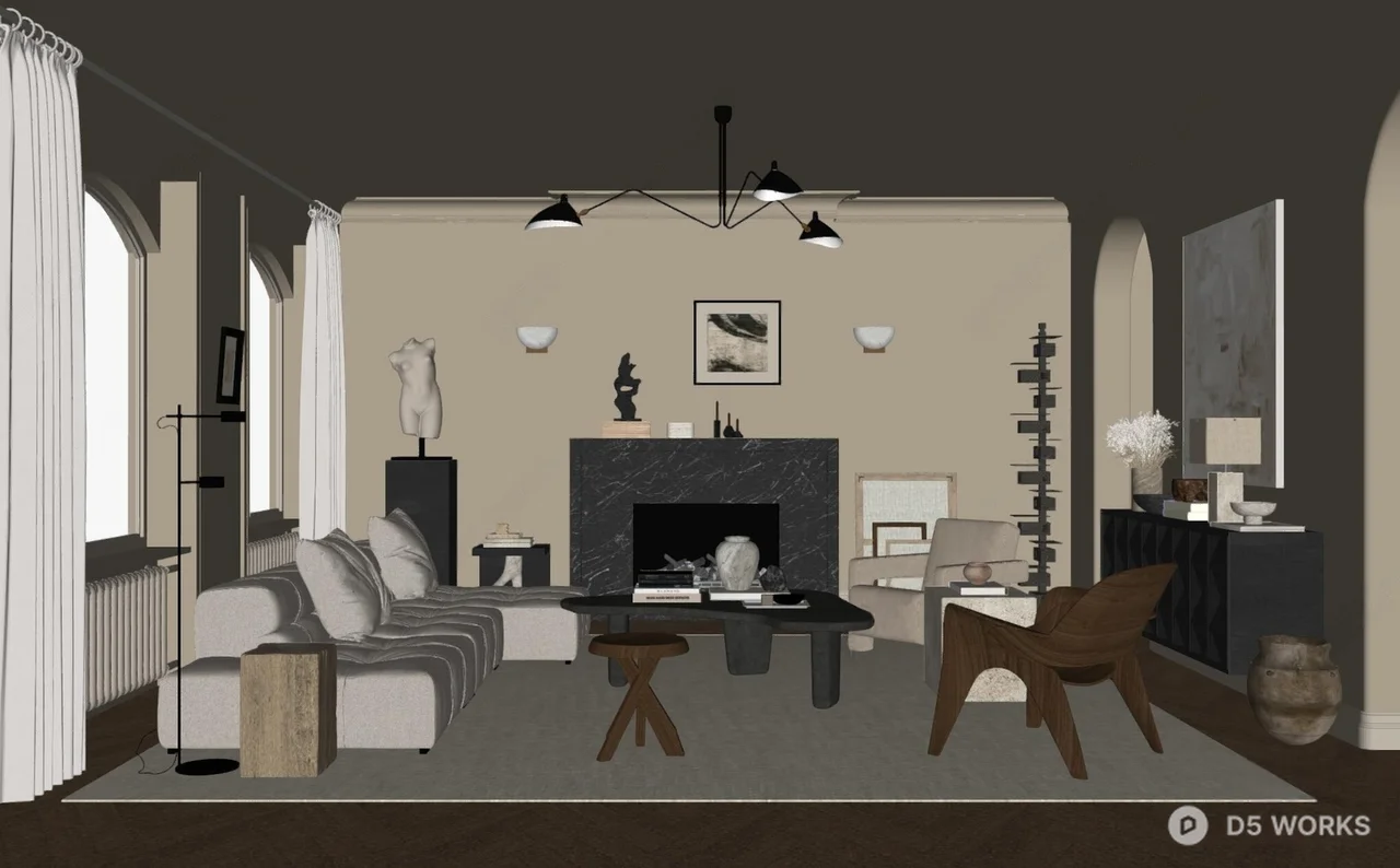 Mid Century Modern Living Room with Marble Fireplace 3d model thumbnail 2