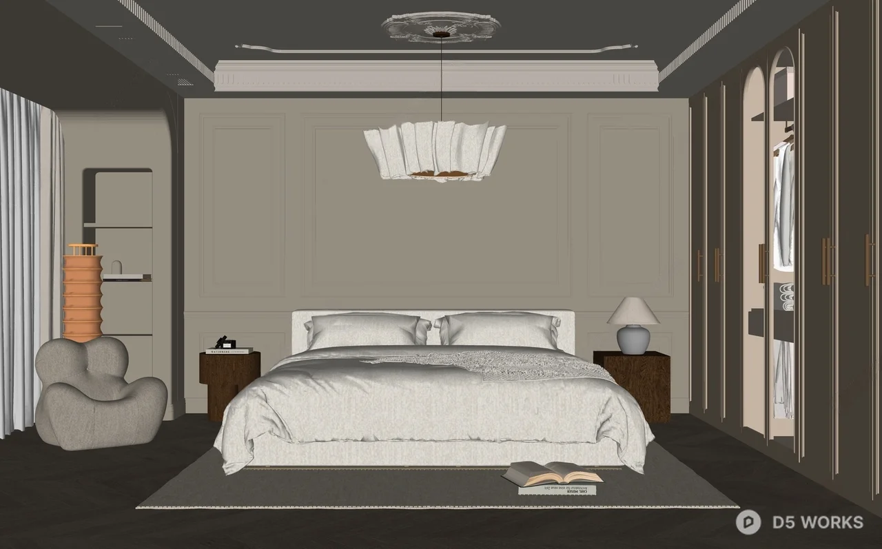 Minimalist Bedroom with Panel Wall and Ambient Lighting 3d model thumbnail 2