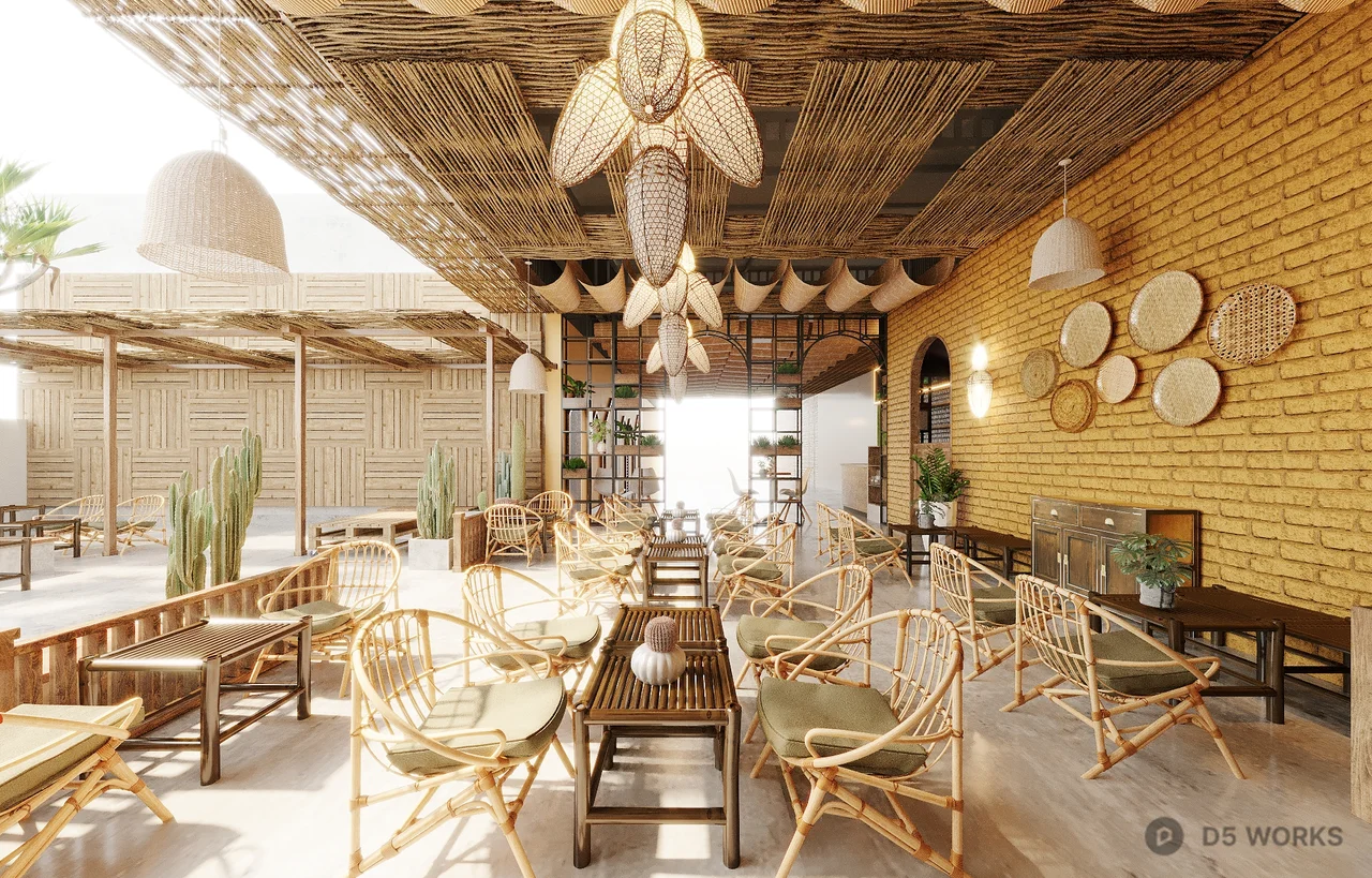 Tropical Style Coffee Shop With Woven Ceiling And Rattan Furniture 3d model - Image 1
