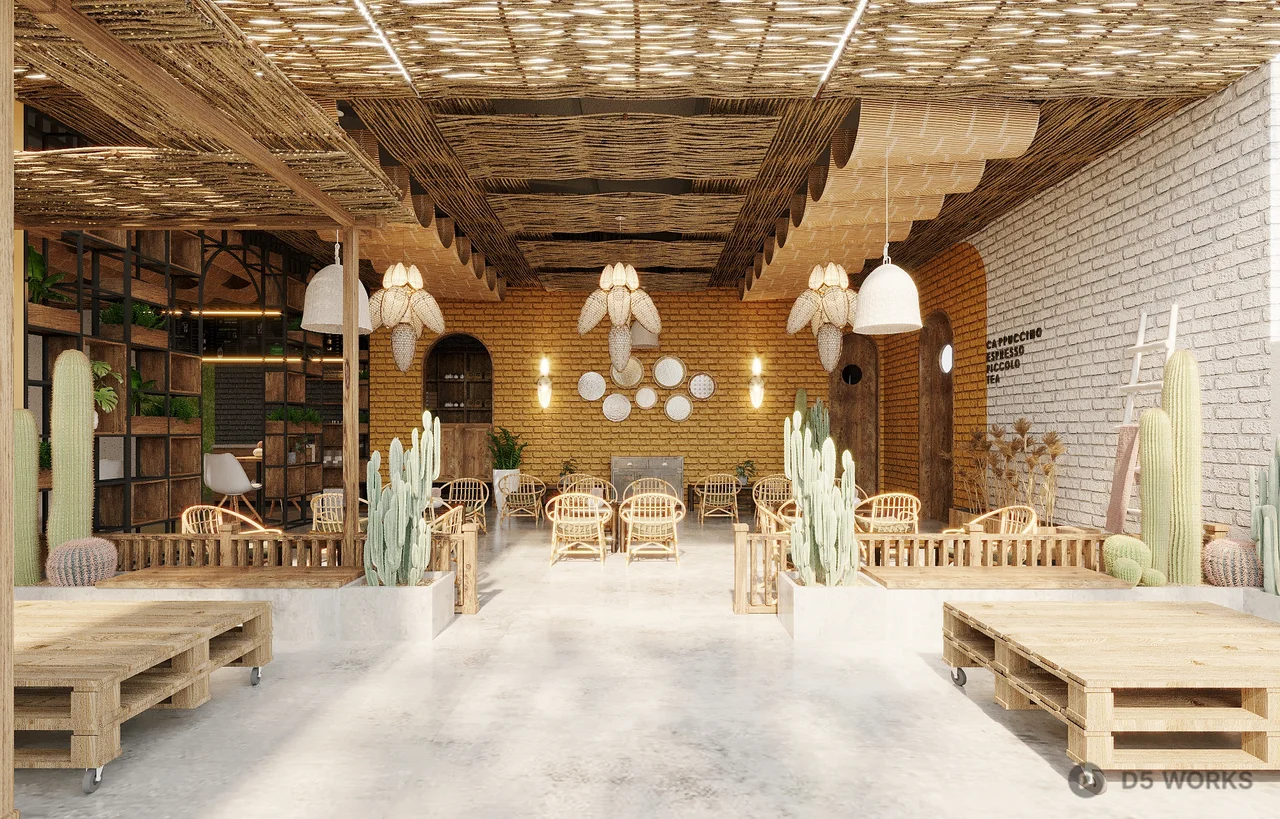Tropical Style Coffee Shop With Woven Ceiling And Rattan Furniture 3d model thumbnail 2