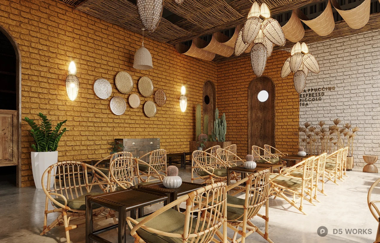 Tropical Style Coffee Shop With Woven Ceiling And Rattan Furniture 3d model thumbnail 3