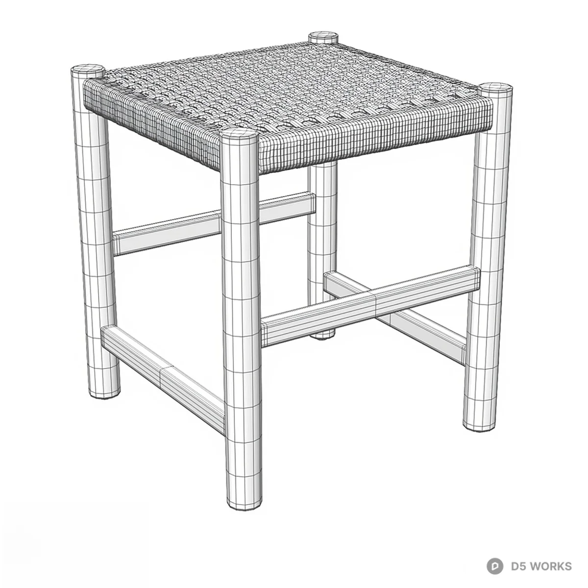 Rattan Woven Seat Wooden Stool 3d model thumbnail 2