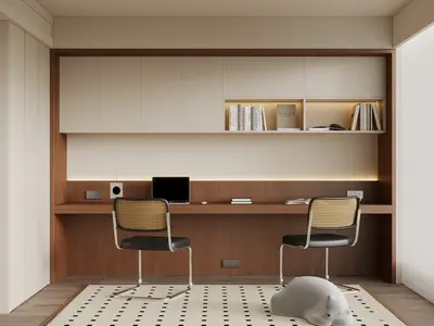 Minimalist Integrated Study Room With Built-In Desk And Lighting 3d model