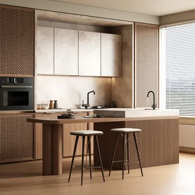 Minimalist Open Kitchen With Wooden Island And Woven Panels 3d model
